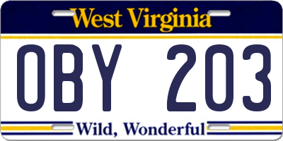 WV license plate OBY203