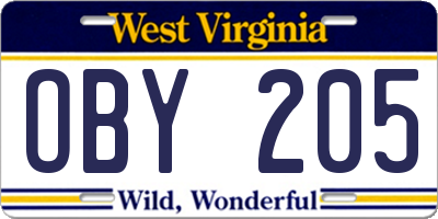 WV license plate OBY205