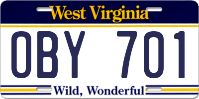 WV license plate OBY701