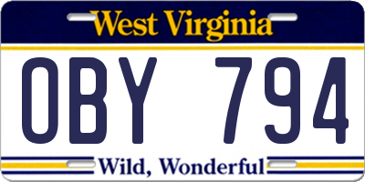 WV license plate OBY794