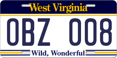 WV license plate OBZ008