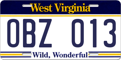 WV license plate OBZ013