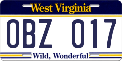 WV license plate OBZ017