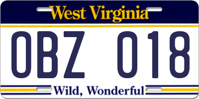 WV license plate OBZ018