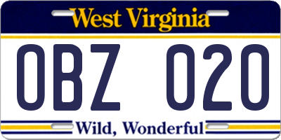 WV license plate OBZ020