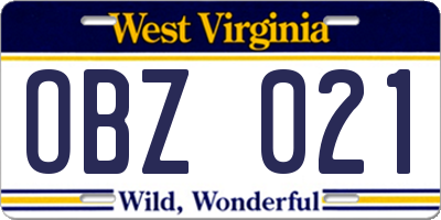 WV license plate OBZ021