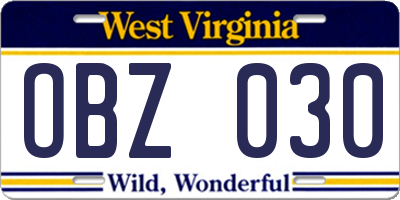 WV license plate OBZ030