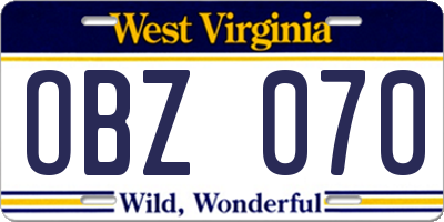 WV license plate OBZ070