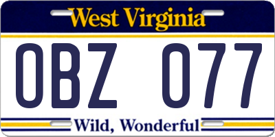 WV license plate OBZ077