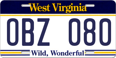 WV license plate OBZ080
