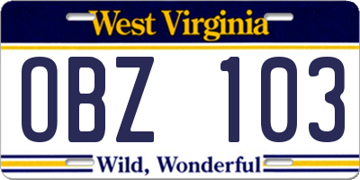 WV license plate OBZ103