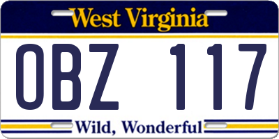 WV license plate OBZ117