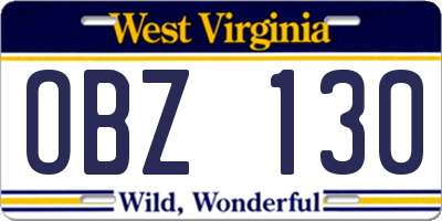 WV license plate OBZ130