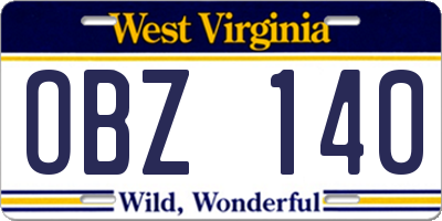 WV license plate OBZ140