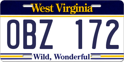 WV license plate OBZ172