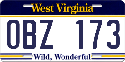 WV license plate OBZ173
