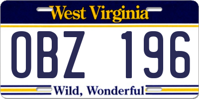 WV license plate OBZ196
