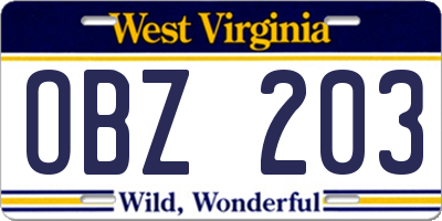 WV license plate OBZ203