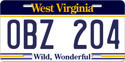 WV license plate OBZ204