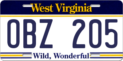 WV license plate OBZ205