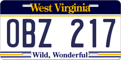 WV license plate OBZ217