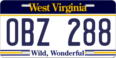 WV license plate OBZ288