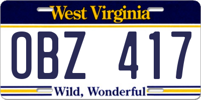 WV license plate OBZ417