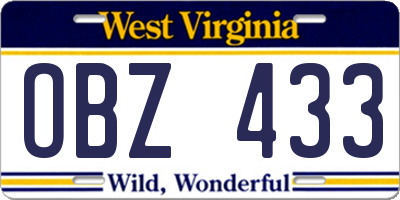 WV license plate OBZ433