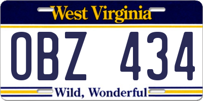 WV license plate OBZ434
