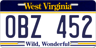 WV license plate OBZ452
