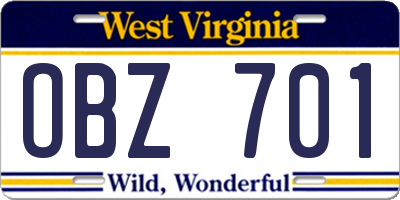 WV license plate OBZ701