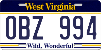 WV license plate OBZ994
