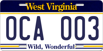 WV license plate OCA003