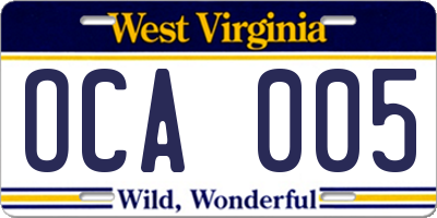 WV license plate OCA005