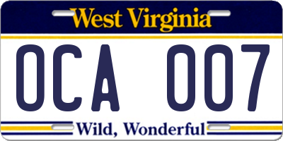 WV license plate OCA007