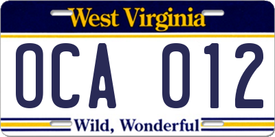 WV license plate OCA012