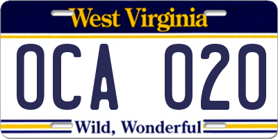 WV license plate OCA020
