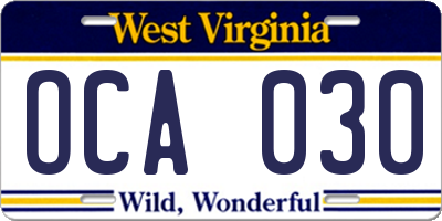 WV license plate OCA030