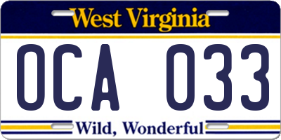 WV license plate OCA033