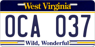 WV license plate OCA037
