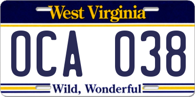 WV license plate OCA038