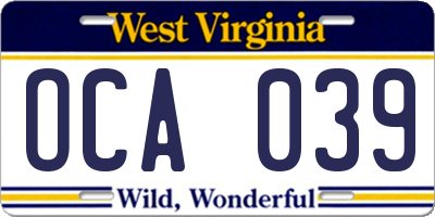 WV license plate OCA039