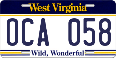 WV license plate OCA058