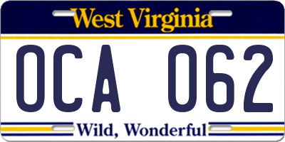 WV license plate OCA062