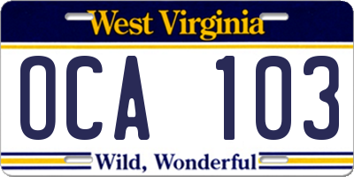 WV license plate OCA103