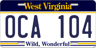 WV license plate OCA104