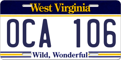 WV license plate OCA106