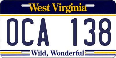 WV license plate OCA138