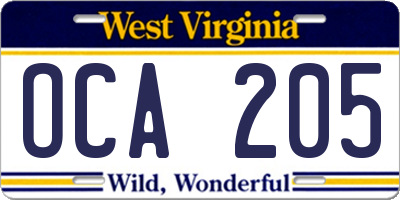 WV license plate OCA205