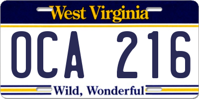 WV license plate OCA216